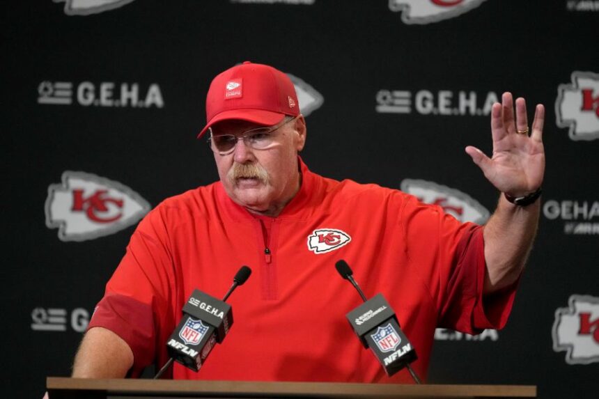 Kansas City Chiefs head coach Andy Reid speaks during a news conference following an NFL football game against the Philadelphia Eagles Sunday, Sept. 14, 2025, in Kansas City, Mo. (AP Photo/Charlie Riedel)