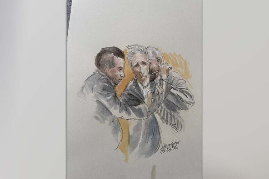 sketch of Ryan Routh trying to stab self in neck in court