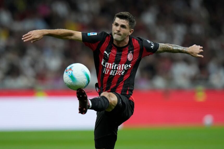 AC Milan's Christian Pulisic is in action during a Serie A soccer match between AC Milan and Cremonese, at the San Siro stadium in Milan, Italy, Saturday, Aug. 23, 2025. (AP Photo/Luca Bruno)