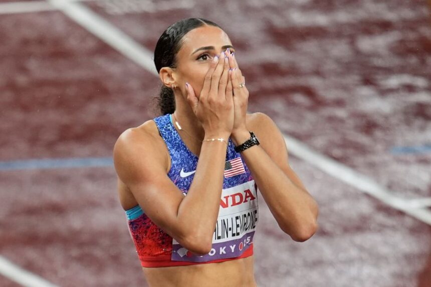 United States' Sydney McLaughlin-Levrone, reacts after winning in the women's 400 meters final at the World Athletics Championships in Tokyo, Thursday, Sept. 18, 2025. (AP Photo/Abbie Parr)