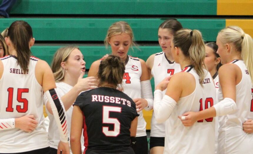 Shelley volleyball coach Cami Empey talks to her team during a recent match at Bonneville. | Allan Steele@EastIdahoSports.com.