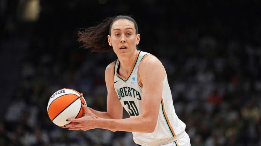 FILE - New York Liberty forward Breanna Stewart holds the ball during a WNBA basketball game against the Seattle Storm, June 22, 2025, in Seattle. (AP Photo/Lindsey Wasson, file)