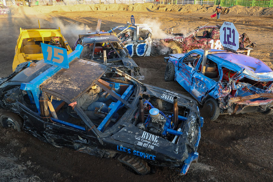 Multiple Mini-class cars become locked together to end the Mini heat at the 2025 Fall Brawl at the Fremont County Fairgrounds.