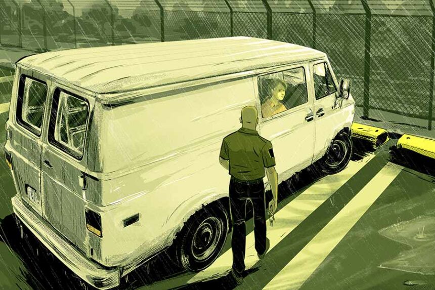 illustration showing male guard approaching van with female inmate inside