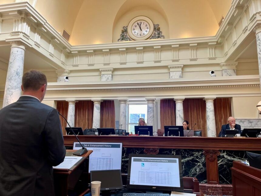 Members of the Idaho Legislature’s Joint Finance-Appropriations Committee listen to a demonstration of a new online budget tool on Tuesday at the Idaho State Capitol. | Clark Corbin, Idaho Capital Sun