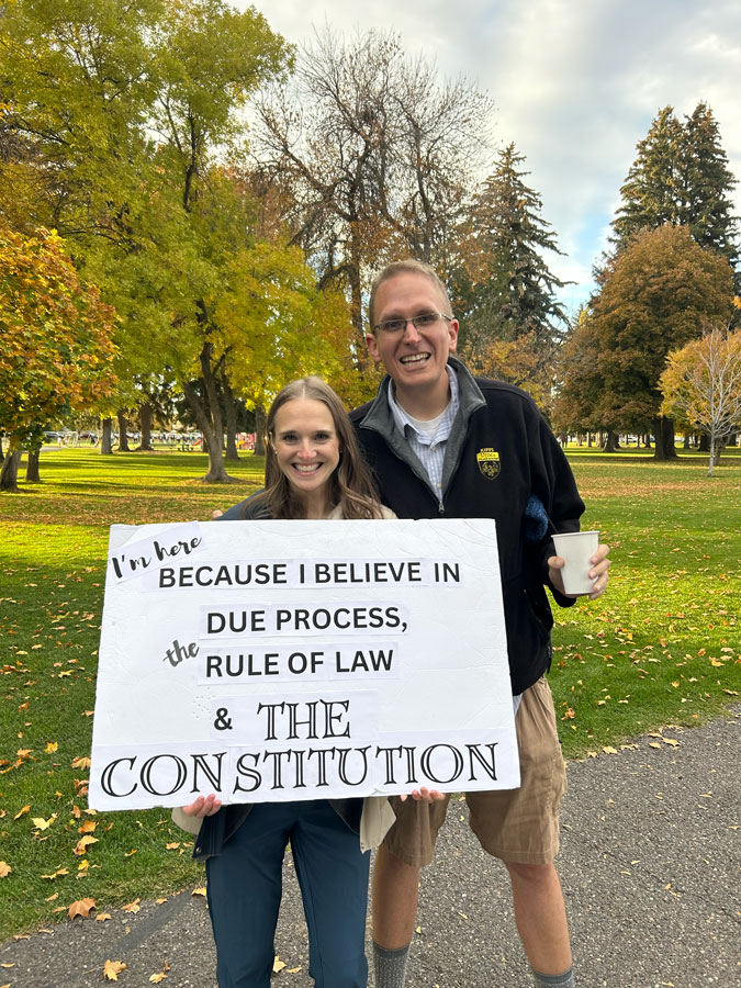 Laura and Benjamin Pacini turned out for the No Kings protest in Rexburg to take a stand for due process. Emily Miller 