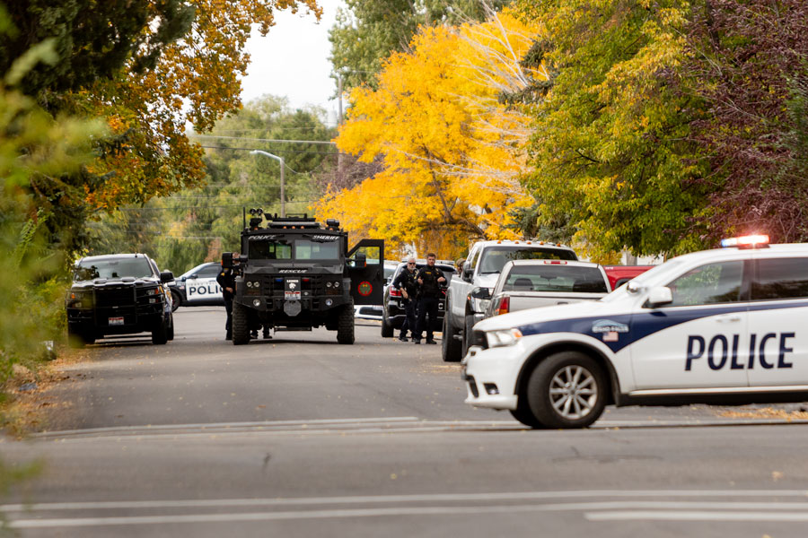 Police and a bearcat vehicle on the scene of an active situation near Lomax Street. | Daniel V. Ramirez, EastIdahoNews.com