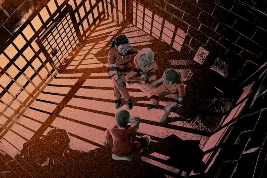 woman comforted by other inmates in cell