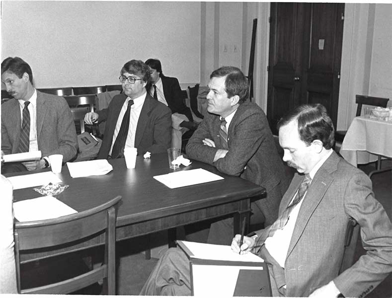 Stallings, at the end of the table, leading discussions with key stakeholders on the proposed Swan Falls water rights legislation. Cary Jones is seated to his left. | Courtesy Cary Jones