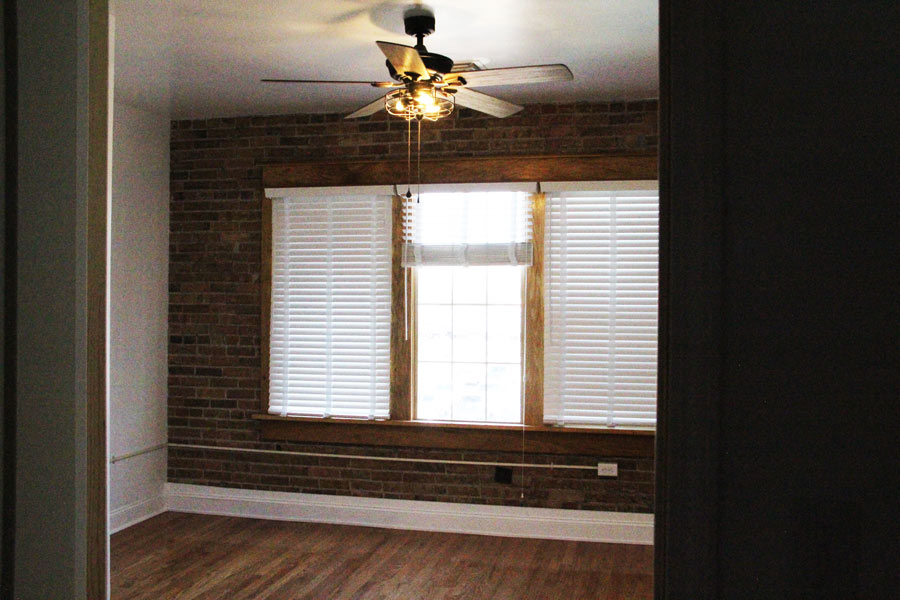 A bedroom in a Station Square apartment.