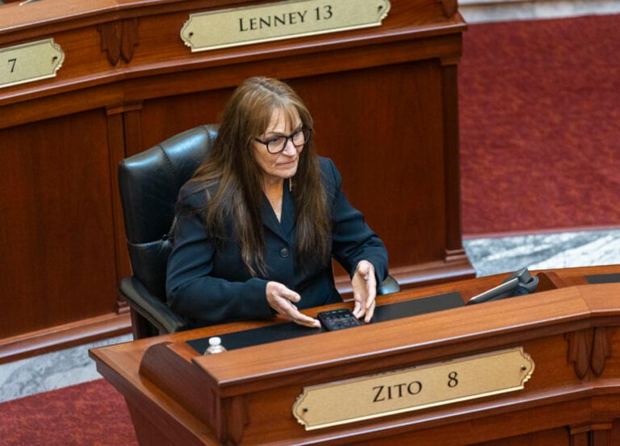 Idaho state Sen. Christy Zito, R-Mountain Home, takes her seat on the Senate floor before legislative action begins on Jan. 7, 2025, at the State Capitol Building in Boise. (Pat Sutphin for the Idaho Capital Sun)