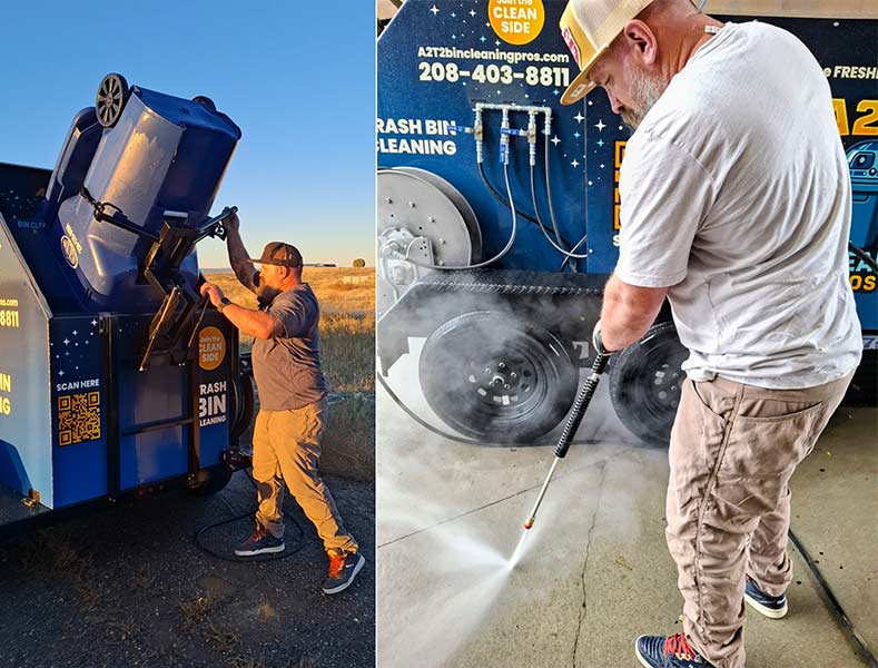 Austin Tanner at work with his pressure washer, right, and cleaning garbage cans. | Courtesy Jennifer Tanner