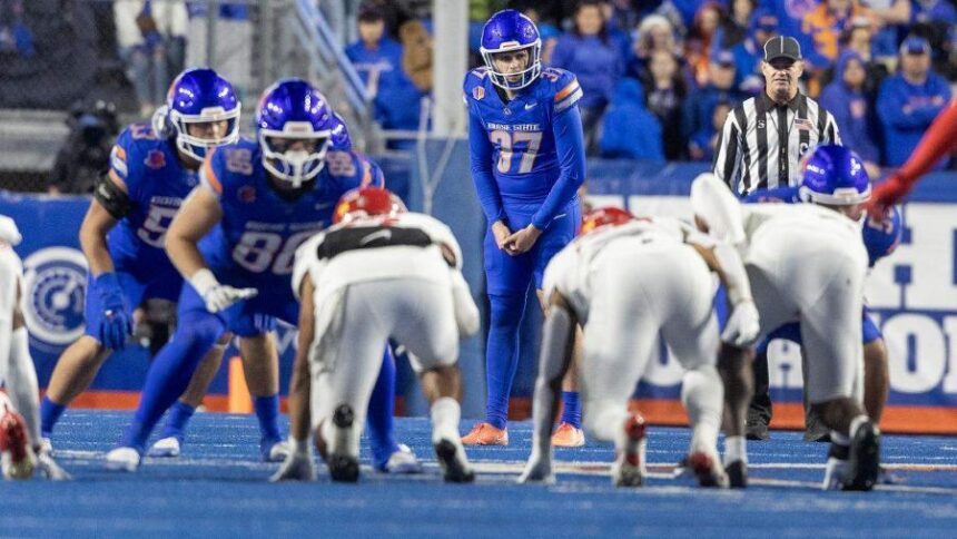 Boise State punter Oscar Doyle lines up for a punt against UNLV last weekend. He completed a pass on a fake punt during the game, one week after he threw a touchdown pass on a botched field-goal attempt. Sarah Miller smiller@idahostatesman.com