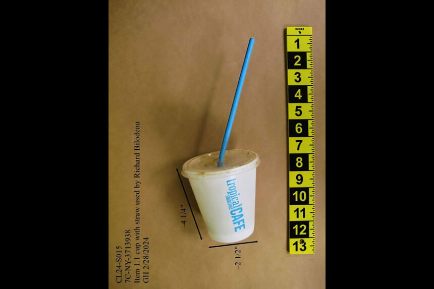 This image, provided by the Nassau County District Attorney on Wednesday, shows the smoothie cup and straw that prosecutors say was used by Richard Bilodeau. | Nassau County District Attorney, Associated Press via CNN Newsource