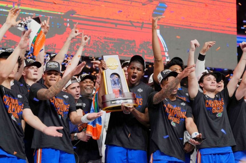 FILE - Florida celebrates after defeating Houston in the national championship at the Final Four of the NCAA college basketball tournament, Monday, April 7, 2025, in San Antonio. (AP Photo/Eric Gay, File)