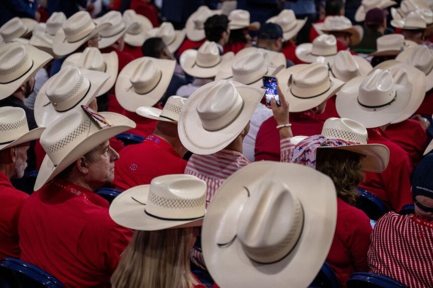 Delegates from Texas wear cowboy hats during the Republican National Convention in Milwaukee on July 15, 2024. Mandatory Credit: Will Lanzoni/CNN via CNN Newsource