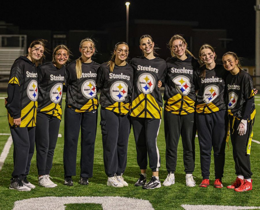 The Rigby Steelers celebrate their flag football championship. L-R Carmen Taylor, Breleigh Youngstrom, Allie Dansie, Reese Chapple, Addie Bowman, Taycee Holm, Brinley Larsen, Presley Edwards. | Courtesy Heidi Freeman.