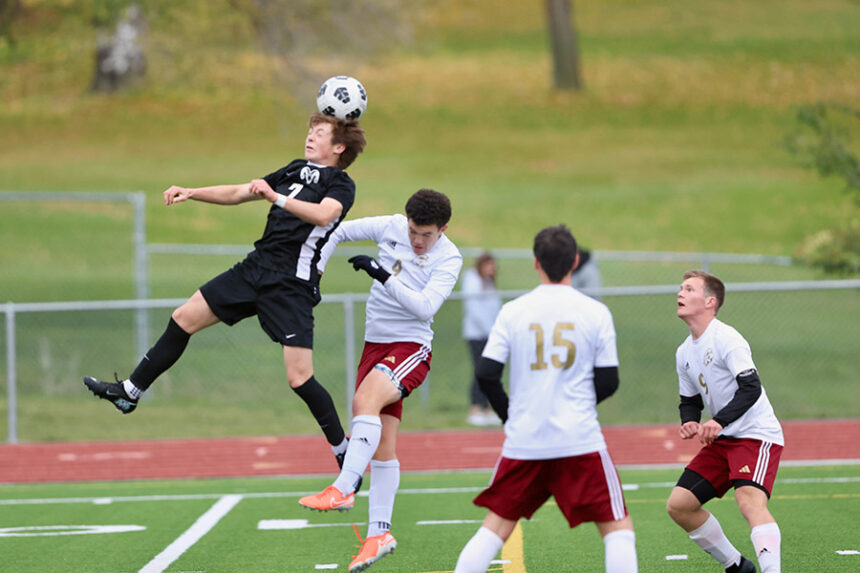 Highland boys soccer Dalton Poulson goes high for the header