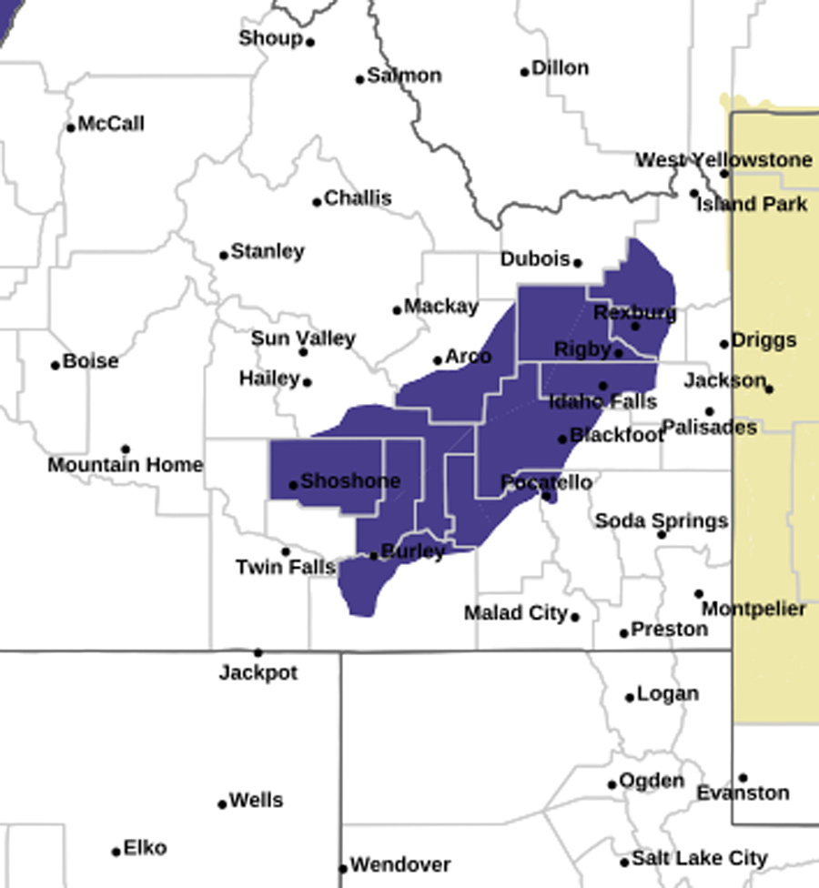 The areas impacted by a freeze warning on Monday morning. | National Weather Service Pocatello