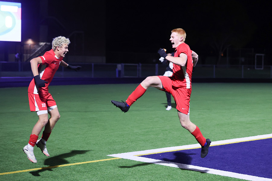 Pocatello boys soccer Kevin Porter and Zen Griggs jump for joy