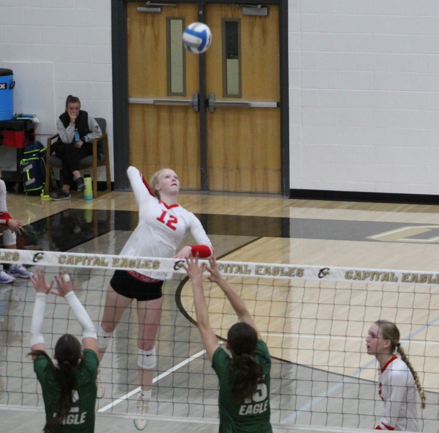 Madison's Mia Walsh goes up for a kill in Friday's match against Eagle. | Allan Steele, EastIdahoSports.com.