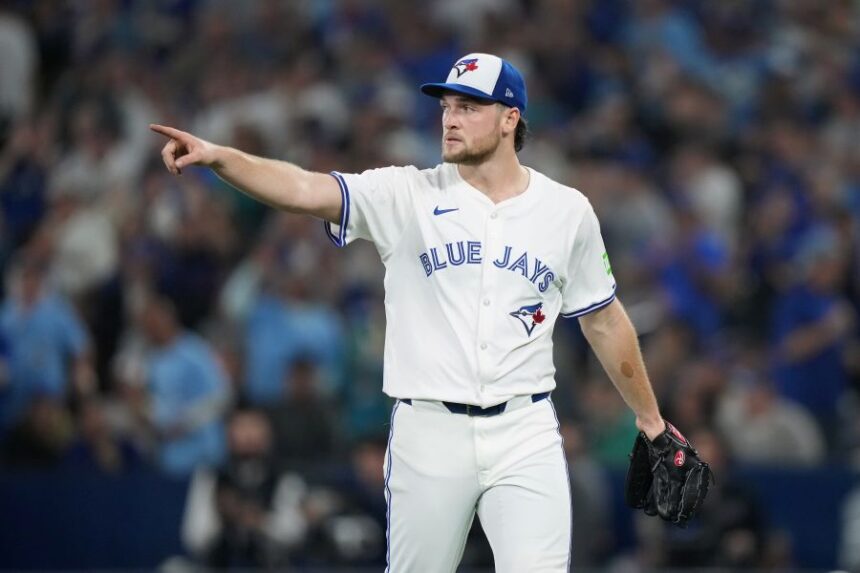Toronto Blue Jays pitcher Trey Yesavage reacts after a fifth inning-ending double play in Game 6 of baseball's American League Championship Series against the Seattle Mariners in Toronto, Sunday, Oct. 19, 2025. (Nathan Denette/The Canadian Press via AP)