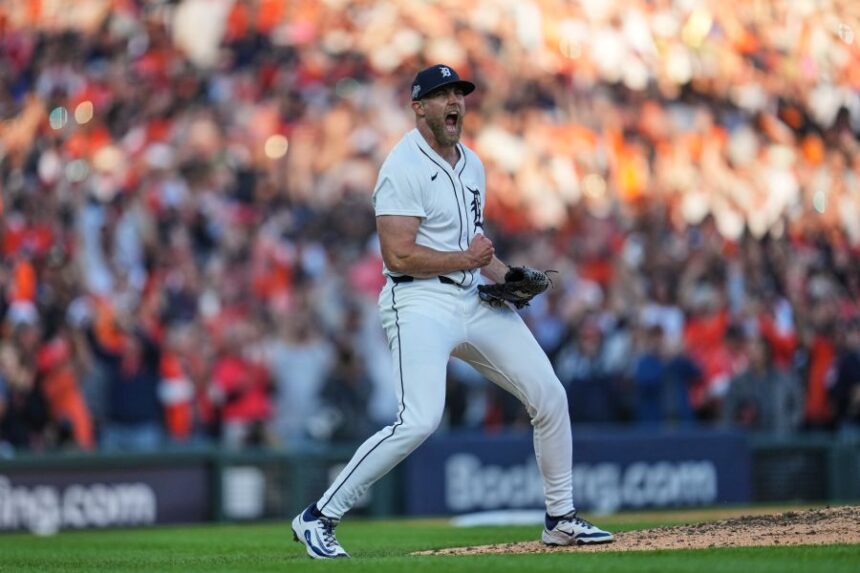 Detroit Tigers pitcher Will Vest celebrates after striking out Seattle Mariners' Randy Arozarena for the final out in Game 4 of baseball's American League Division Series Wednesday, Oct. 8, 2025, in Detroit. (AP Photo/Paul Sancya)