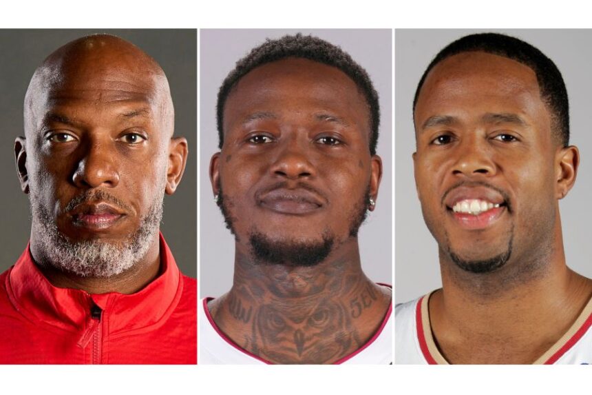 FILE - This combo of images shows, from left, Portland Trail Blazers head coach Chauncey Billups, Miami Heat guard Terry Rozier and former Cleveland Cavaliers' Damon Jones. (AP Photo/File)