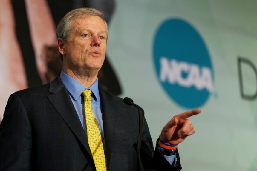 FILE - NCAA President Charlie Baker speaks during the Division I Business Session at the annual NCAA convention, Jan. 15, 2025, in Nashville, Tenn. (AP Photo/George Walker IV, File)