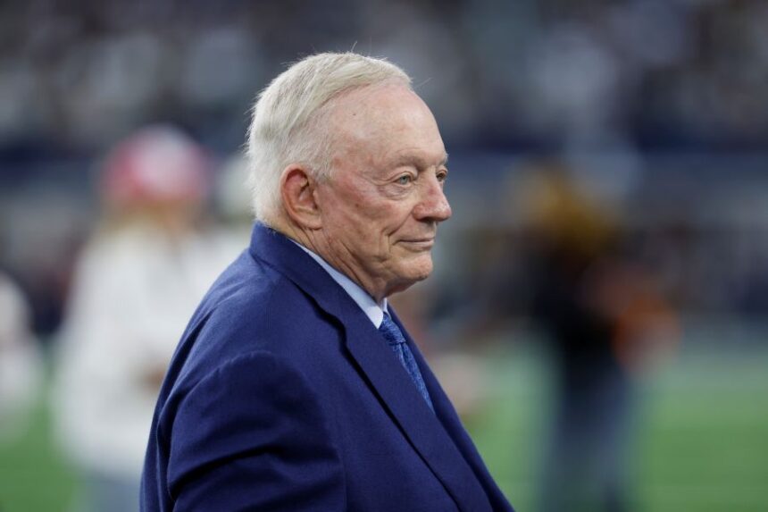 Dallas Cowboys owner and general manager Jerry Jones during pregame warmups before a NFL football game against the Green Bay Packers on Sunday, Sept. 28, 2025, in Arlington, Texas. (AP Photo/Matt Patterson)