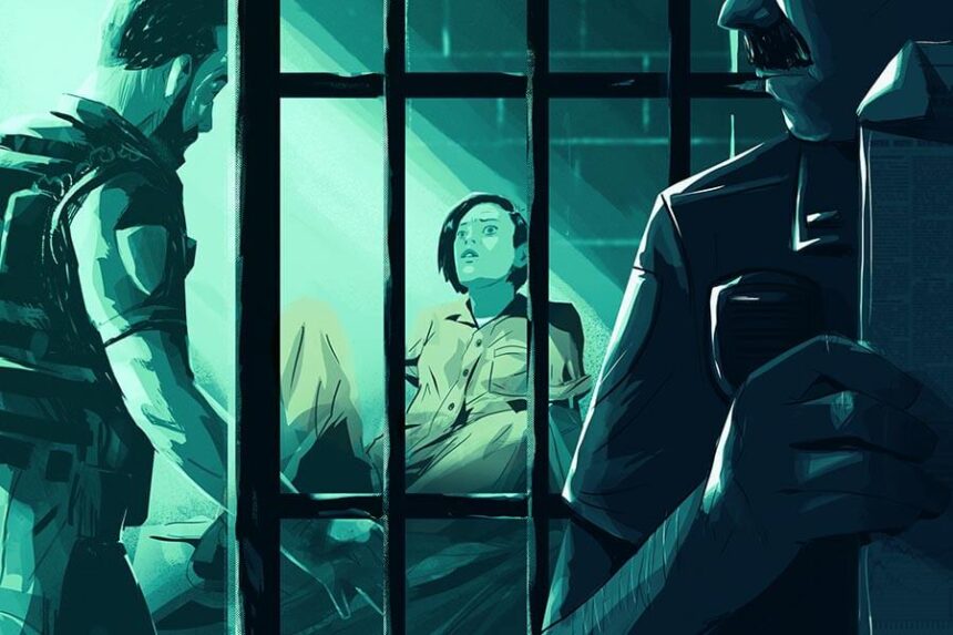 illustration of female inmate looking apprehensively at prison guards