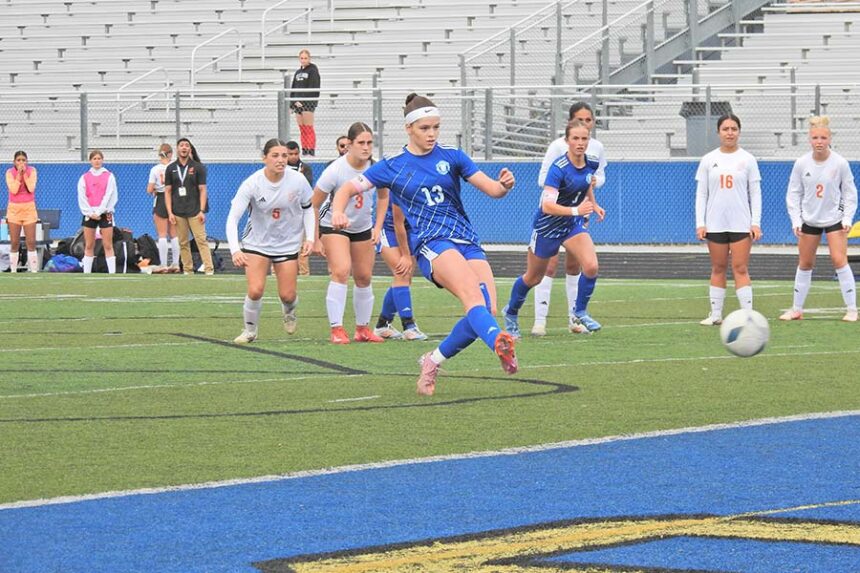 Sugar-Salem girls soccer Kamryn Teichert scores on a PK