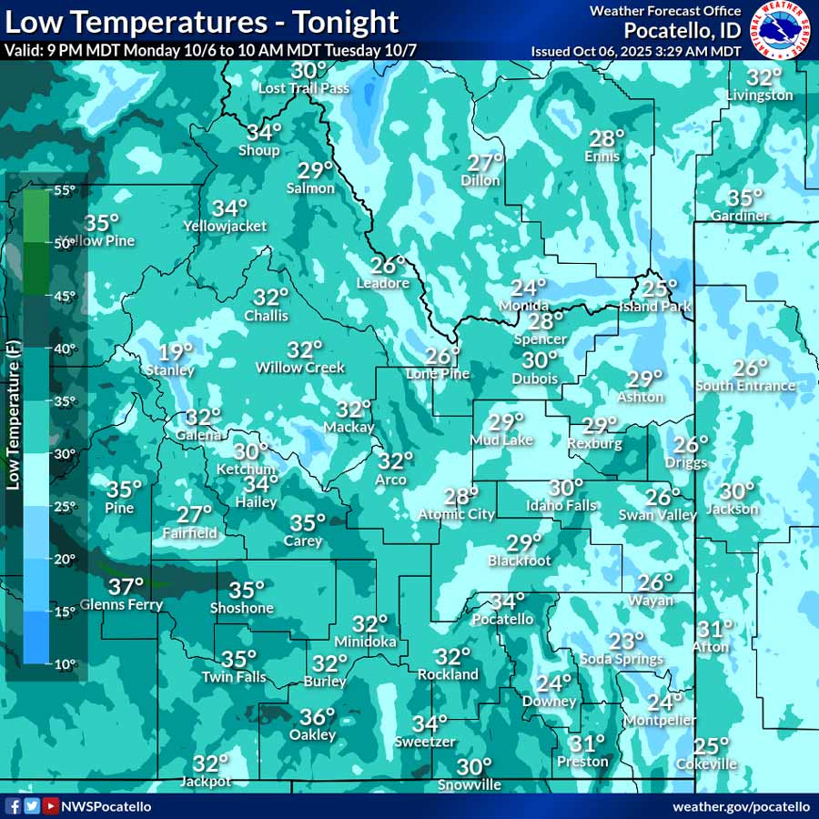 Overnight temperatures expected Monday night across eastern Idaho. | National Weather Service Pocatello