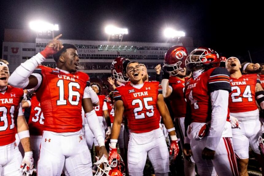 Utah players cheer after defeating Arizona State Saturday at Rice-Eccles Stadium in Salt Lake City. | Isaac Hale, Deseret News.