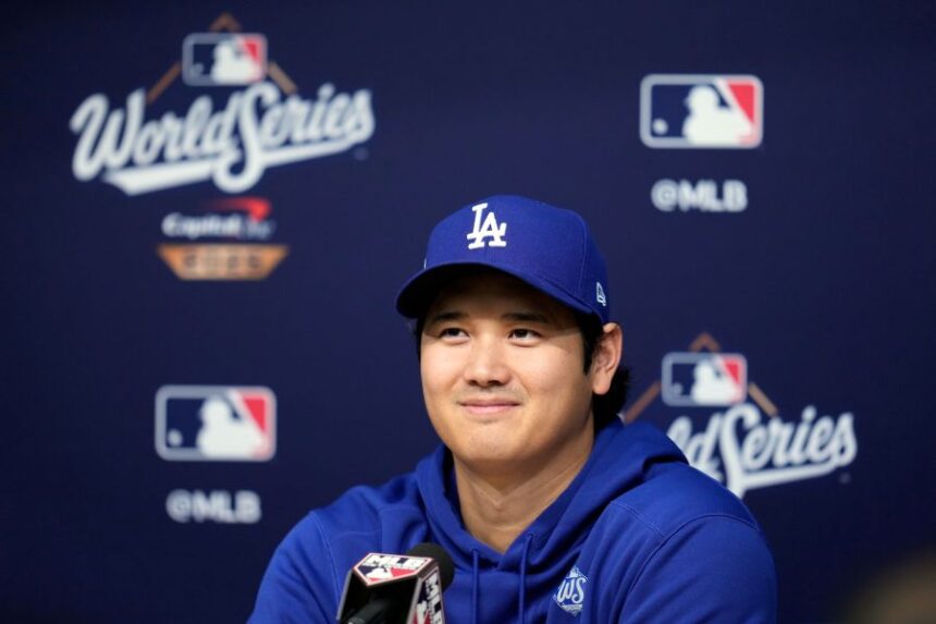 Los Angeles Dodgers' Shohei Ohtani speaks during a press conference ahead of Game 3 of the 2025 World Series against the Toronto Blue Jays in Los Angeles, Sunday, Oct. 26, 2025. (AP Photo/Ashley Landis)