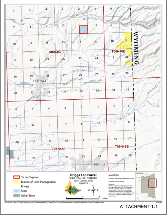 The red square box near the top of this map from the Idaho Department of Lands shows the location of 160 acres of state endowment land near Driggs that is set to be auctioned off to the highest bidder. | Map courtesy of the Idaho Department of Lands