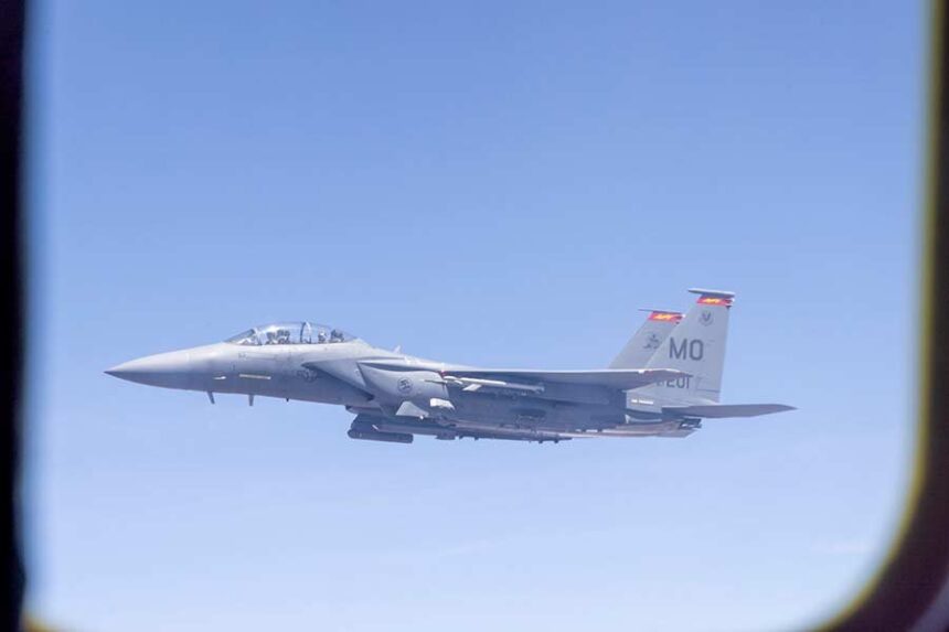 A F-15E Strike Eagle assigned to the 366th Fighter Wing flies alongside a KC-135 Stratotanker assigned to the 940th Air Refueling Wing after conducting air refueling operations over Idaho on June 3, 2025. The 366th Fighter Wing operates out of Mountain Home Air Force Base and is responsible for providing combat airpower and support for worldwide operations. (Photo courtesy of Frederick A. Brown/U.S. Air Force )