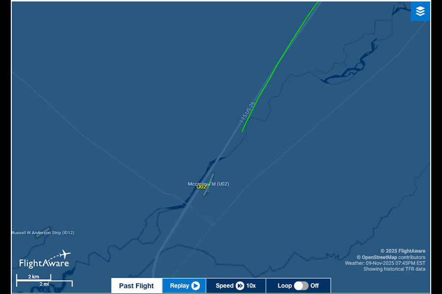 FlightAware map showing the last location of the plane that crashed into the Snake River Sunday Night. | Courtesy FlightAware.com