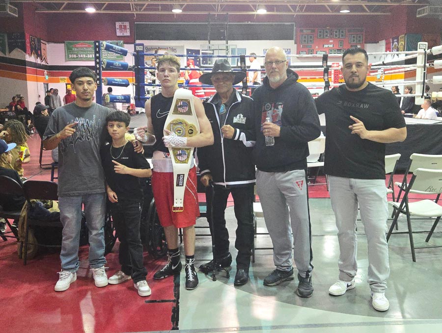 From left to right. Adrian Jurado, E.J. Chavez, Owen Taule, Nars Martinez, Corey Taule, and Edgar Chavez celebrate Owen Taule's victory in Fort Hall. | | Courtesy Corey Taule