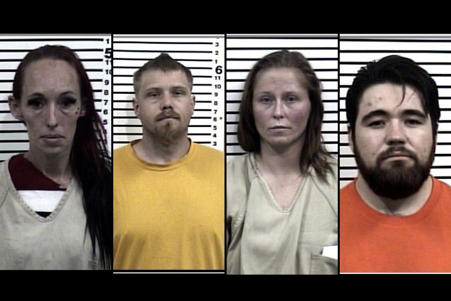 (Left) Megan Lynne Paz Warrick, (middle left) Johnathan Terry Warrick, (middle right) Brittnie Lynn I Schennum, and (right) Jarrod Thomas Sisneros. | Bonneville County Jail