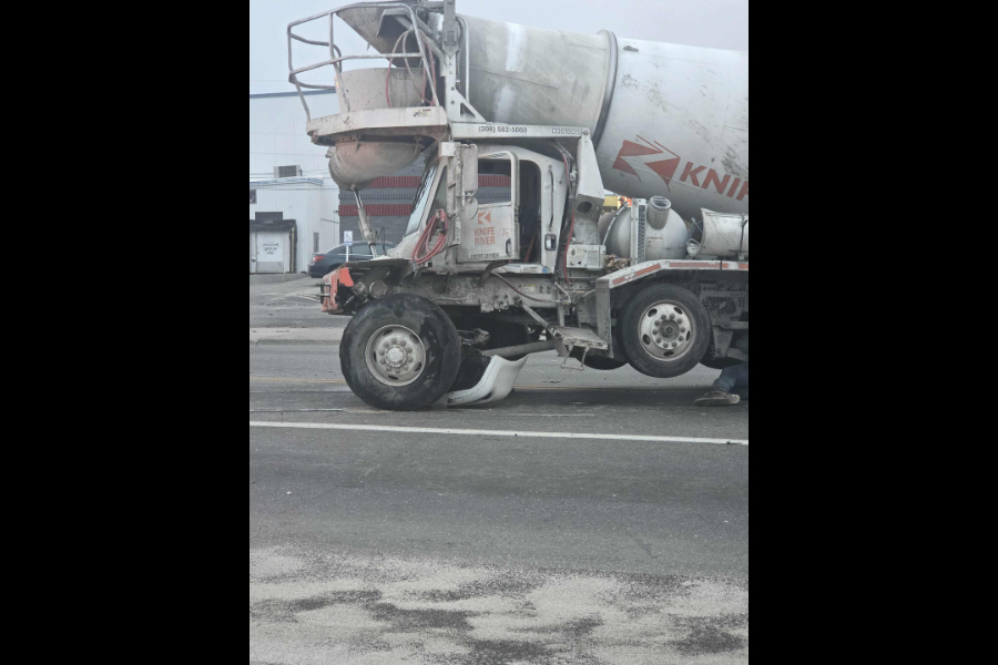 The cement truck involved in the multi-vehicle crash Tuesday afternoon in Idaho Falls. | Amy Sunderland, EastIdahoNews.com