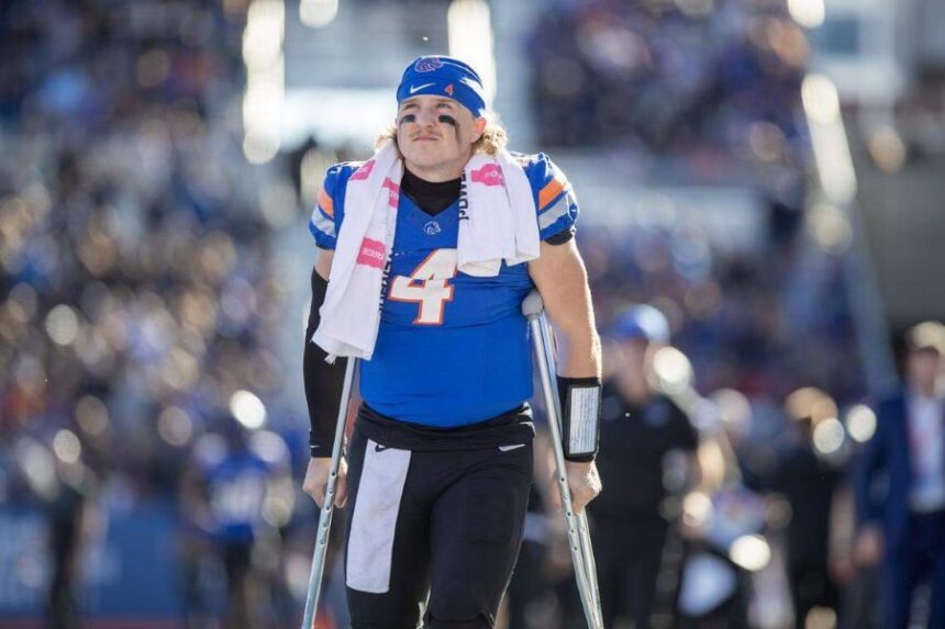 Boise State quarterback Maddux Madsen walks with crutches Saturday after being injured on a sack against Fresno State. The Bulldogs won 30-7 and the Madsen-less offense struggled badly. Kyle Green For The Idaho Statesman
