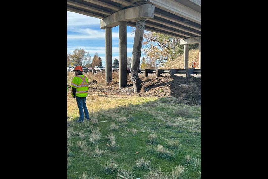 Bridge damaged during crash along I-15 near Blackfoot. | Courtesy Idaho Transportation Department