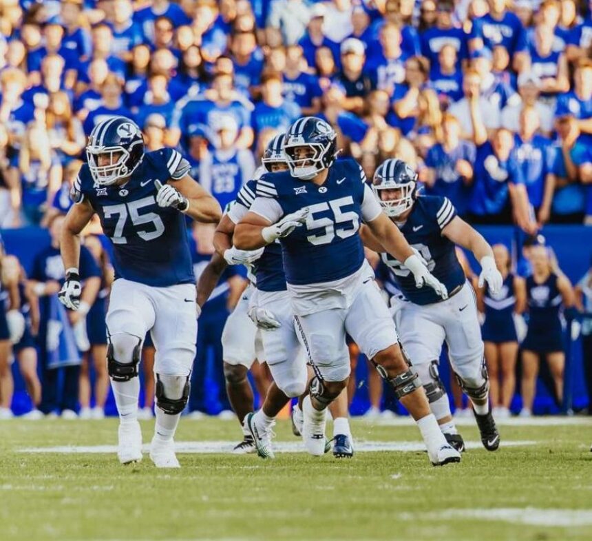 BYU's Andrew Genty and Austin Leausa block downfield during the first half of an NCAA college football game, Saturday, Aug. 30, 2025 at LaVell Edwards Stadium in Provo, Utah. (Photo: Tyler Staten for KSL.com)
