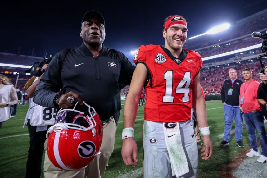 Georgia quarterback Gunner Stockton (14) reacts after an NCAA college football game against Texas, Saturday, Nov. 15, 2025, in Athens, Ga. (AP Photo/Colin Hubbard)