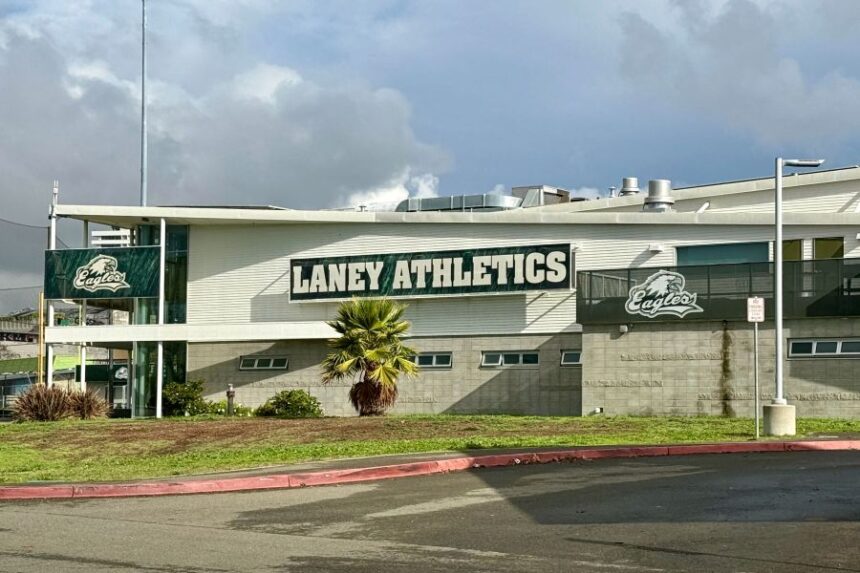 The Laney Athletics building is seen one day after a shooting at Laney College in Oakland, Calif., Friday, Nov. 14 2025. (AP Photo/Haven Daley)