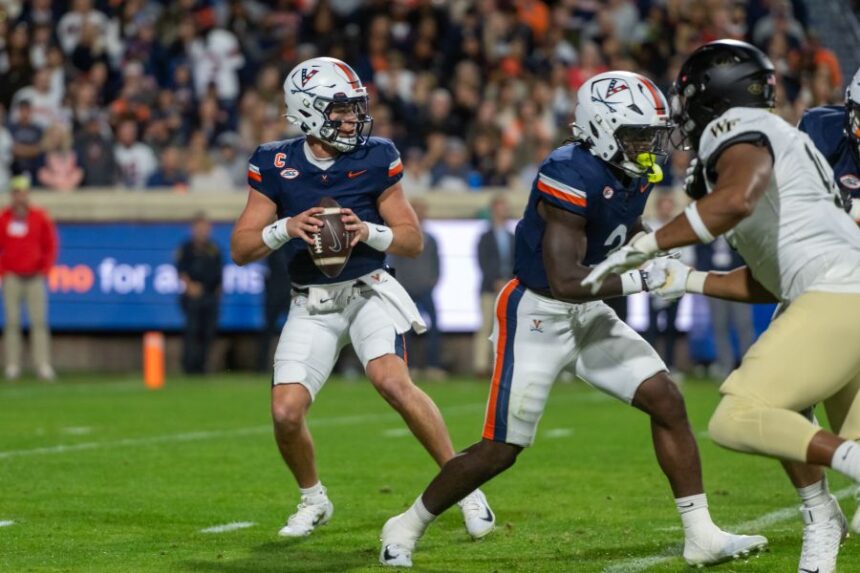 Virginia quarterback Chandler Morris (4) steps to pass against Wake Forest during the first half of an NCAA college football game, Saturday, Oct. 4, 2025, in Charlottesville, Va. (AP Photo/Robert Simmons)