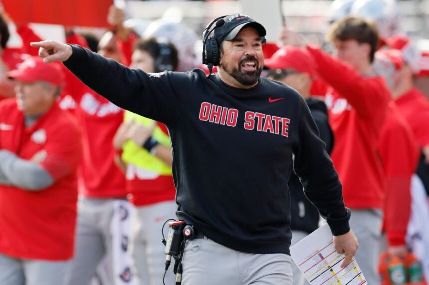 Ohio State head coach Ryan Day shouts to his team against Rutgers during the first half of an NCAA college football game, Saturday, Nov. 22, 2025, in Columbus, Ohio. (AP Photo/Jay LaPrete)