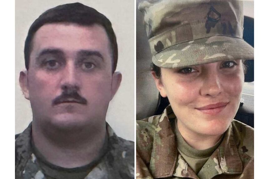 This photo combo shows, National Guard members, from left, Staff Sgt. Andrew Wolfe and Specialist Sarah Beckstrom. (U.S. Attorney’s Office via AP)