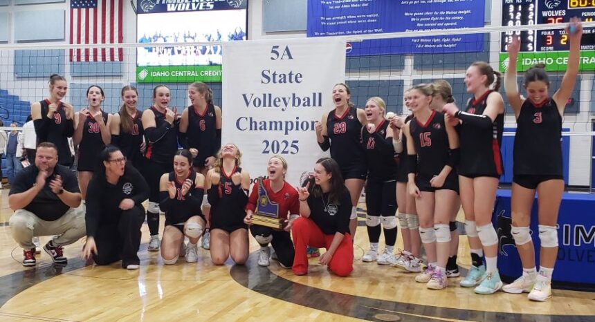 The Hillcrest volleyball team celebrates its first ever state title. | Allan Steele, EastIdahoSports.com.
